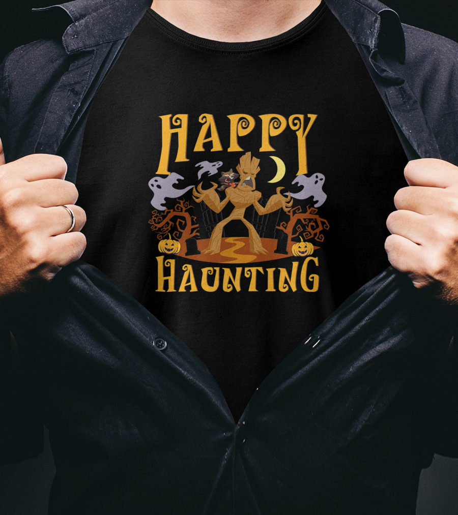 Marvel Groot And Rocket Raccoon Happy Haunting Ghosts Pumpkins Moon Trees T-Shirt