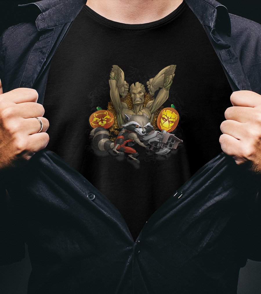 Marvel Groot And Rocket Raccoon Halloween Jack O' Lantern Pumpkins T-Shirt