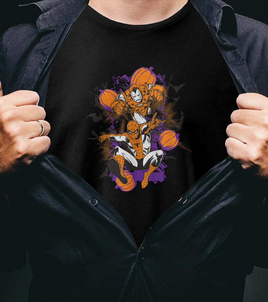Marvel Spider-Man And Iron Man With Halloween Pumpkins T-Shirt