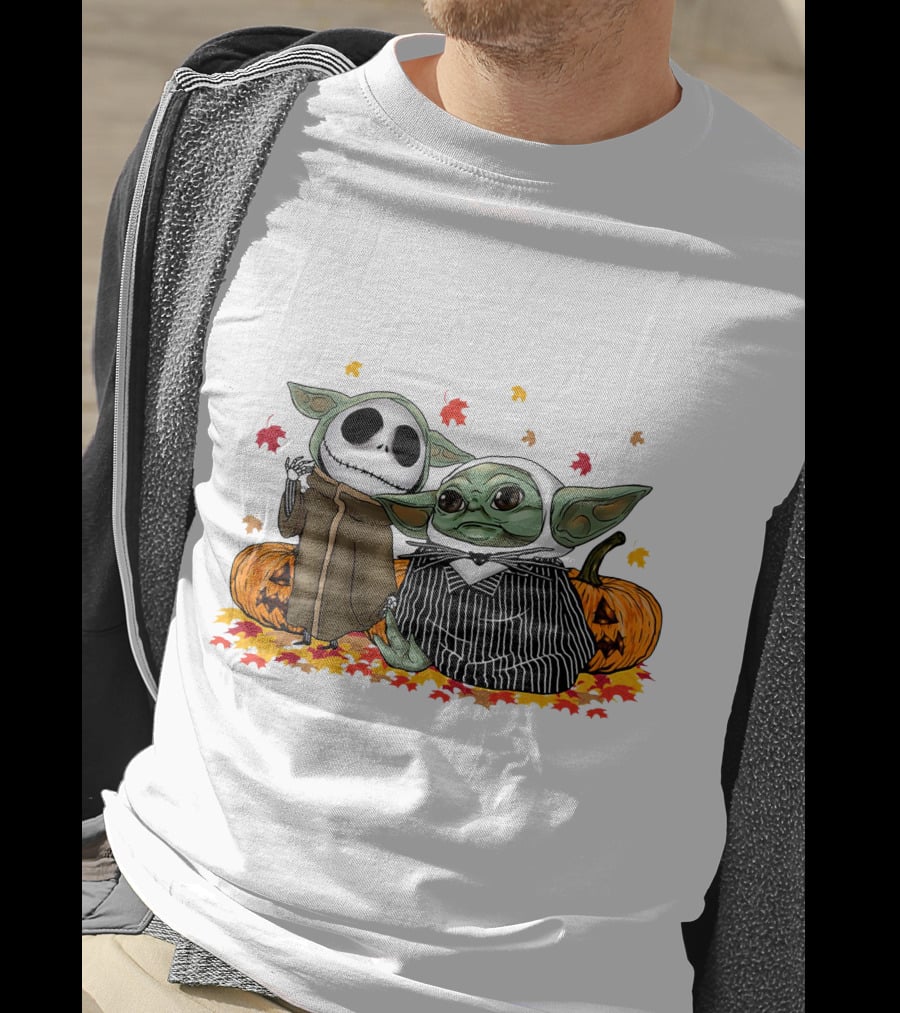 Baby Yoda And Jack Skellington In Halloween Pumpkin Scene T-Shirt