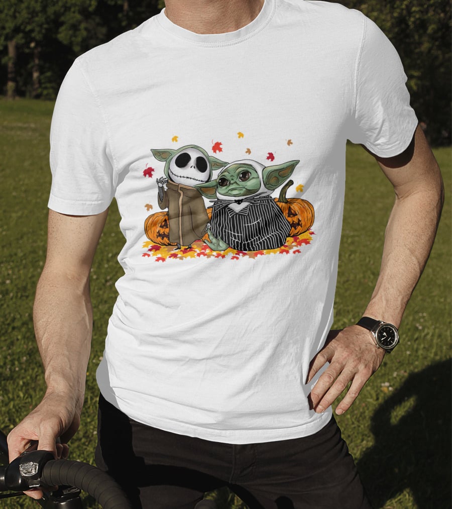 Baby Yoda And Jack Skellington In Halloween Pumpkin Scene T-Shirt