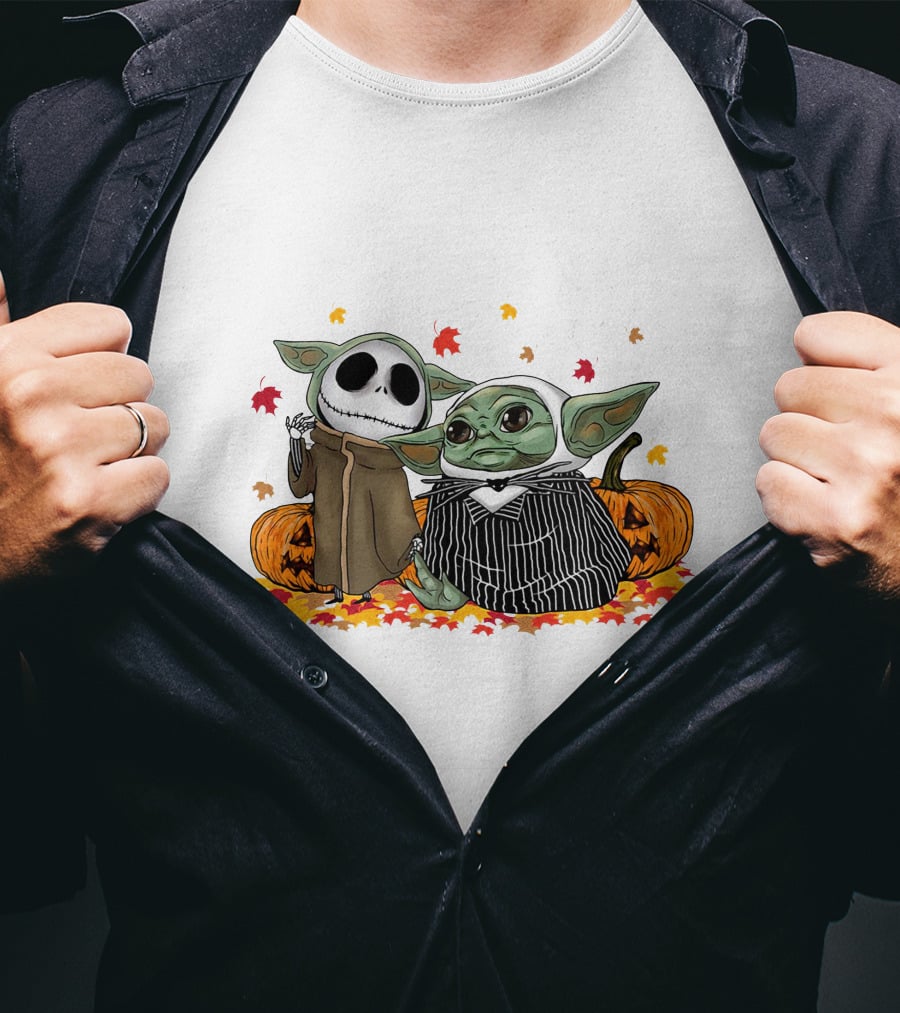 Baby Yoda And Jack Skellington In Halloween Pumpkin Scene T-Shirt
