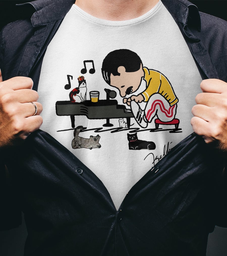 Freddie Mercury Signature With Cats And Piano Playful T-Shirt