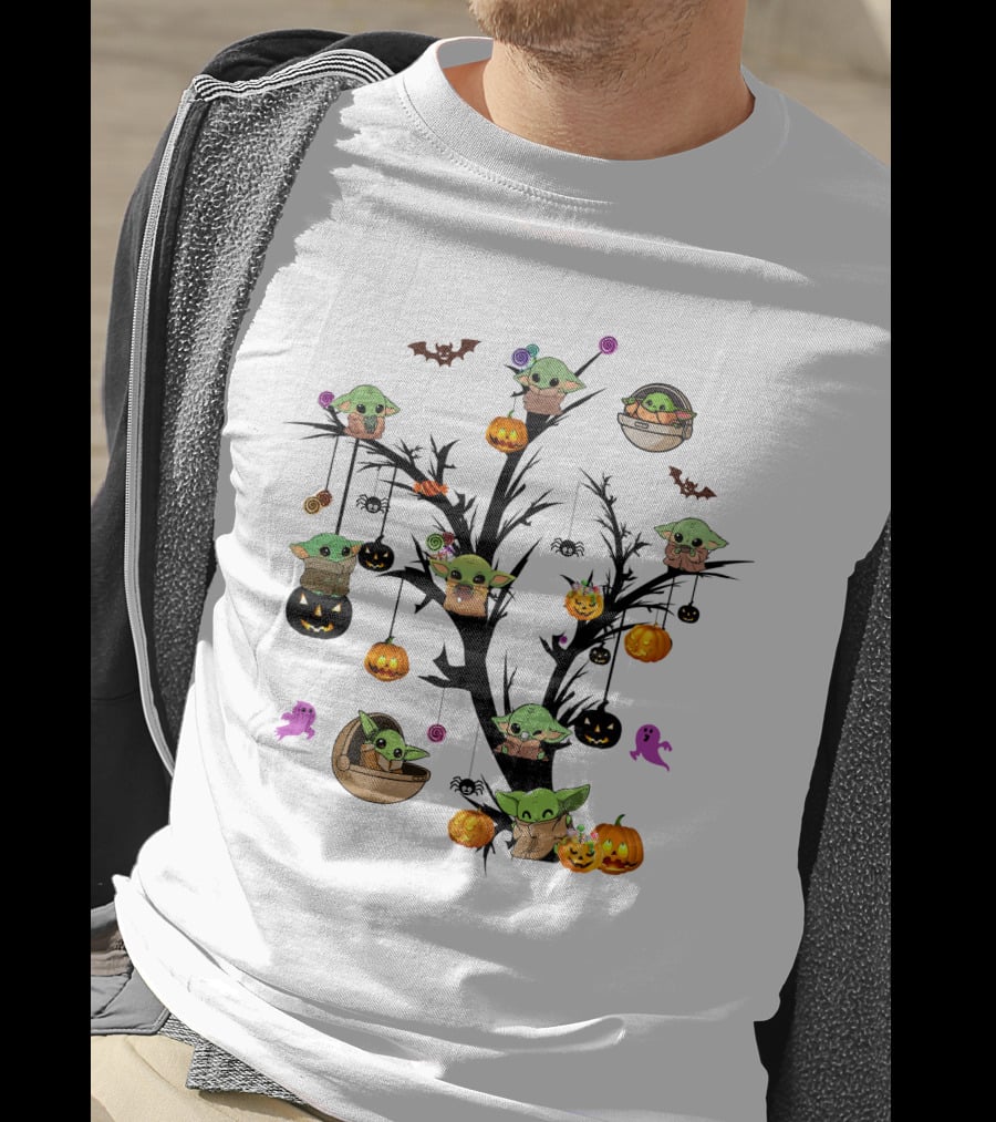 Spooky Halloween Baby Yoda Tree With Pumpkins And Bats T-Shirt