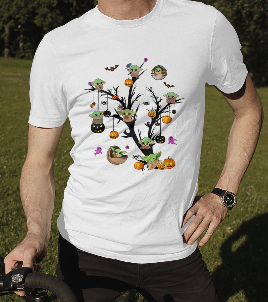 Spooky Halloween Baby Yoda Tree With Pumpkins And Bats T-Shirt