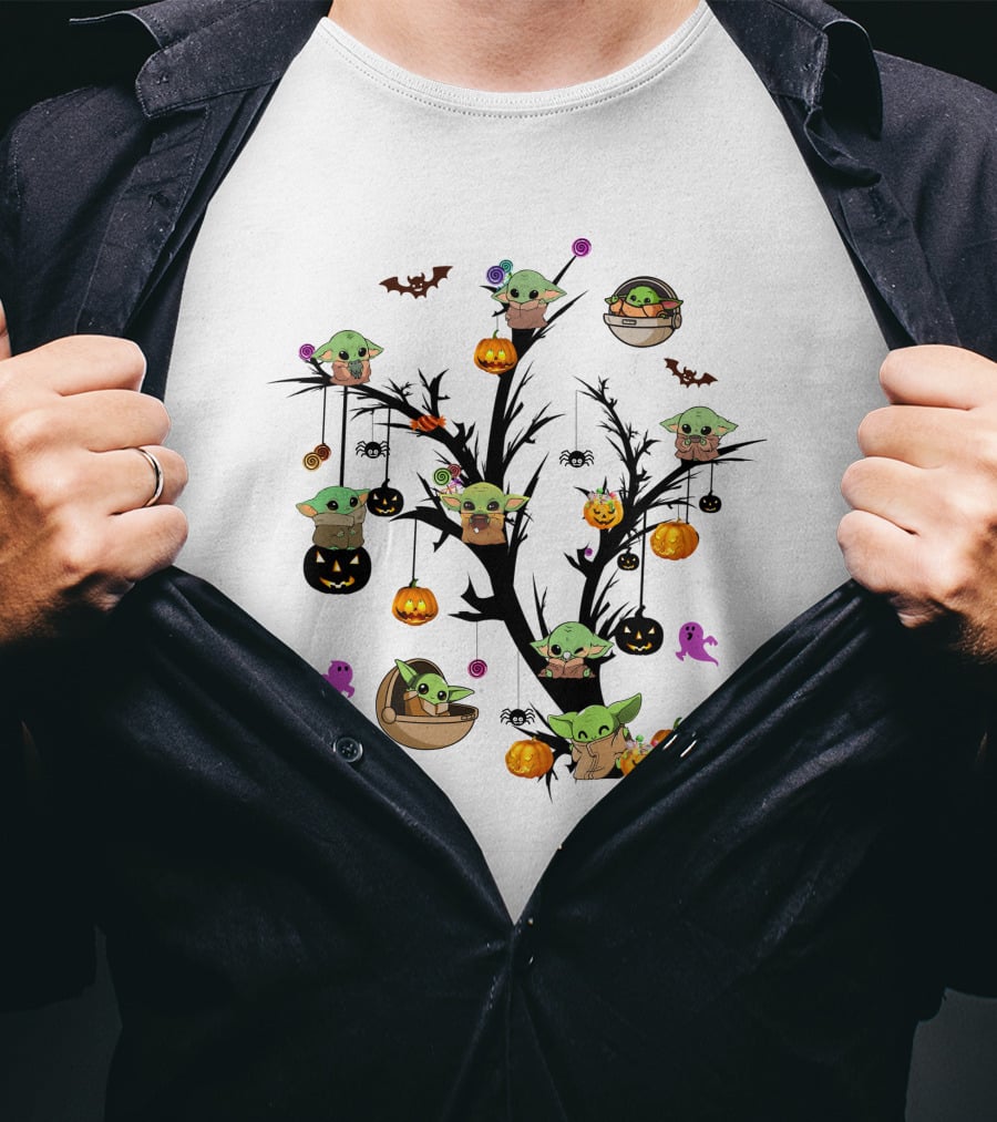 Spooky Halloween Baby Yoda Tree With Pumpkins And Bats T-Shirt