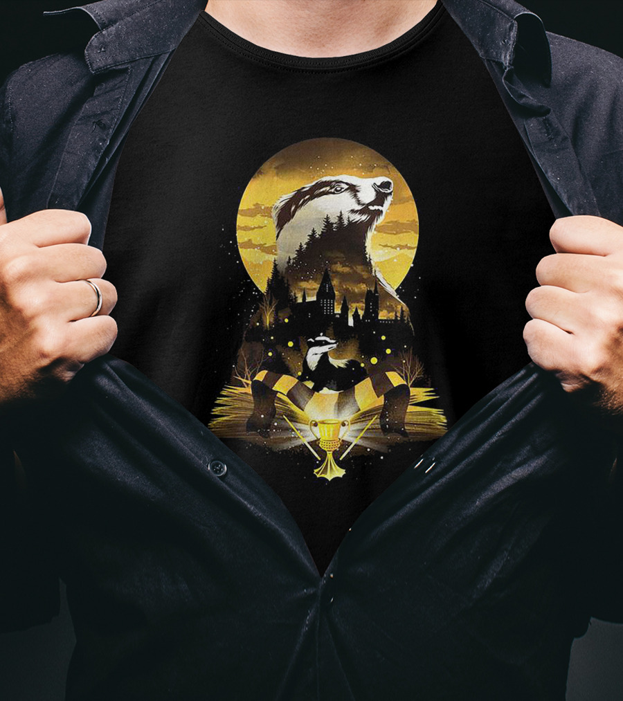 Hufflepuff Badger Hogwarts Skyline With Cup And Scarf T-Shirt
