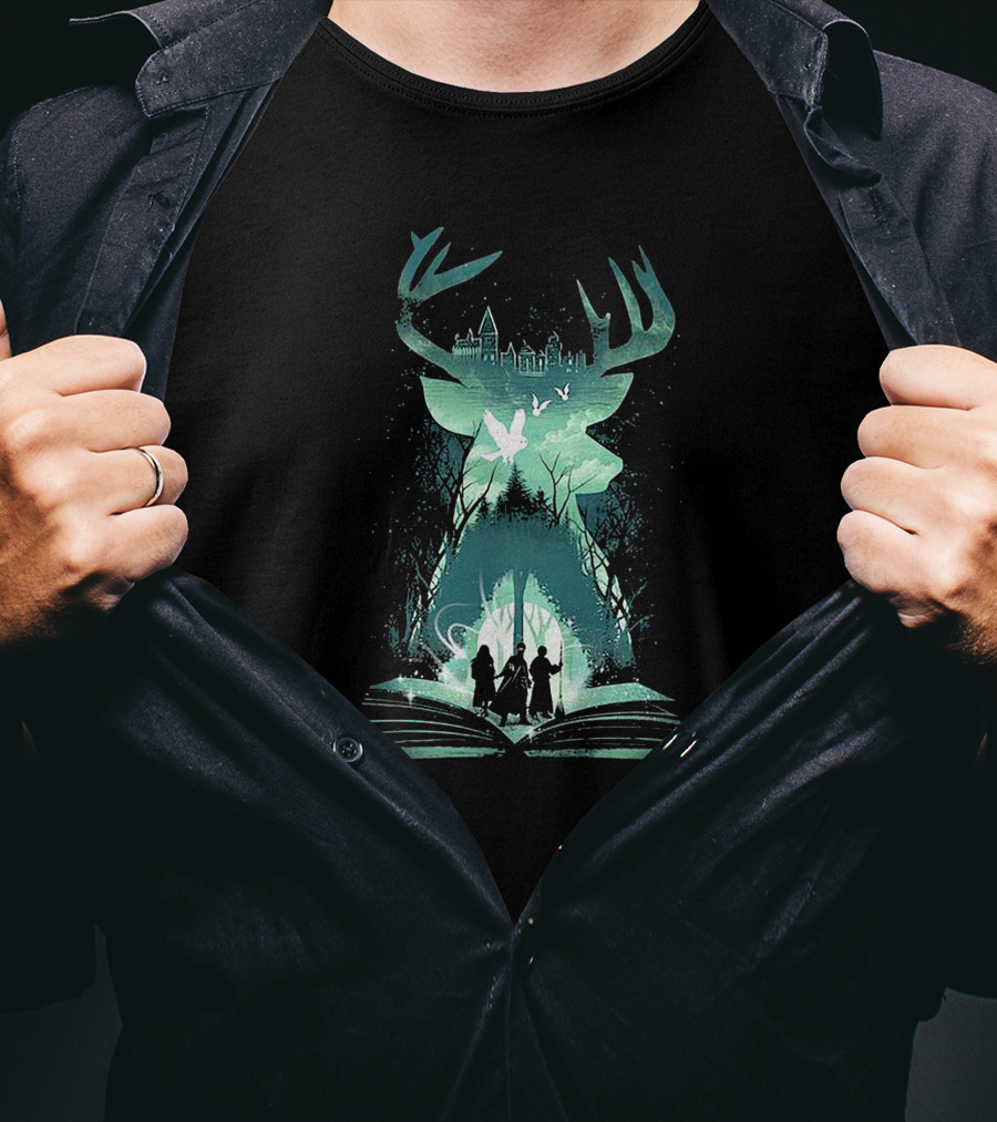 Witchcraft And Wizardry Magical Stag With Castle Silhouette And Book Portal T-Shirt