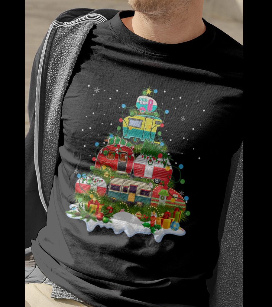 Christmas Tree Made Of Colorful Camping Trailers With Snowflakes And Presents T-Shirt