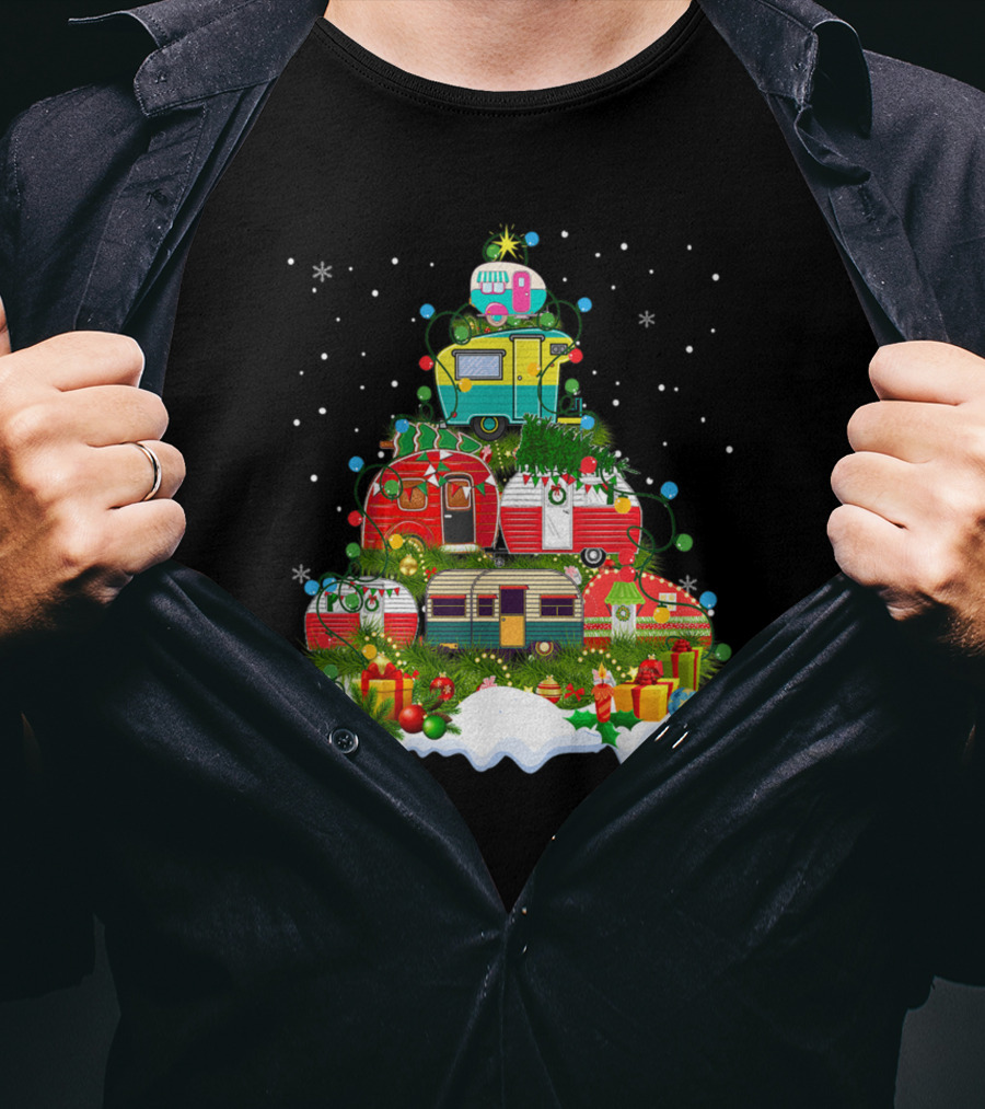 Christmas Tree Made Of Colorful Camping Trailers With Snowflakes And Presents T-Shirt