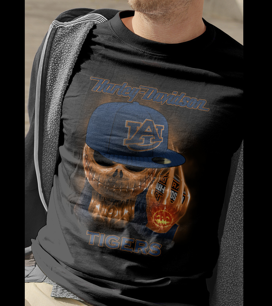 Harley Davidson Auburn Tigers Skeleton With Cap T-Shirt