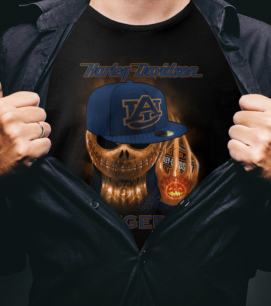 Harley Davidson Auburn Tigers Skeleton With Cap T-Shirt