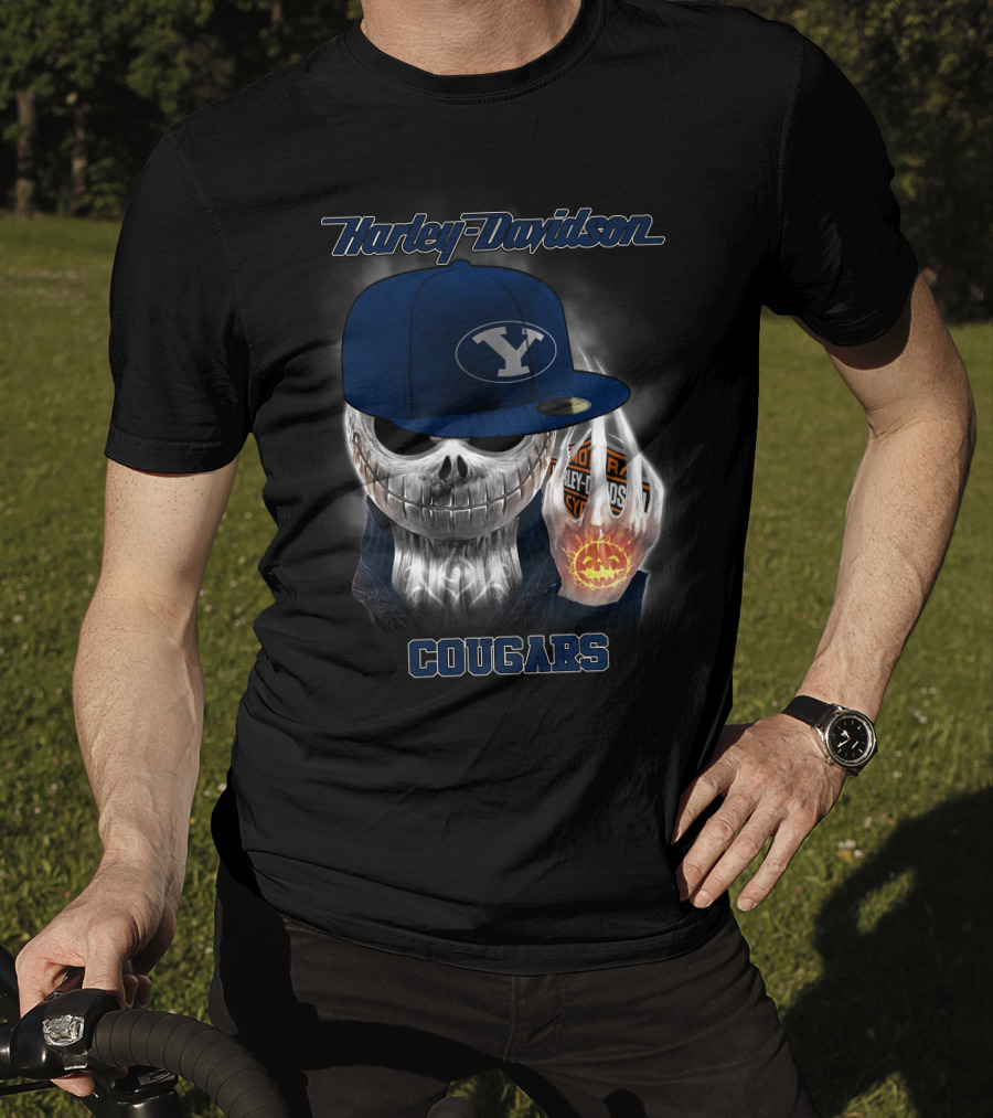 Harley Davidson Cougars Skull Wearing Byu Hat With Pumpkin And Logo Elements T-Shirt