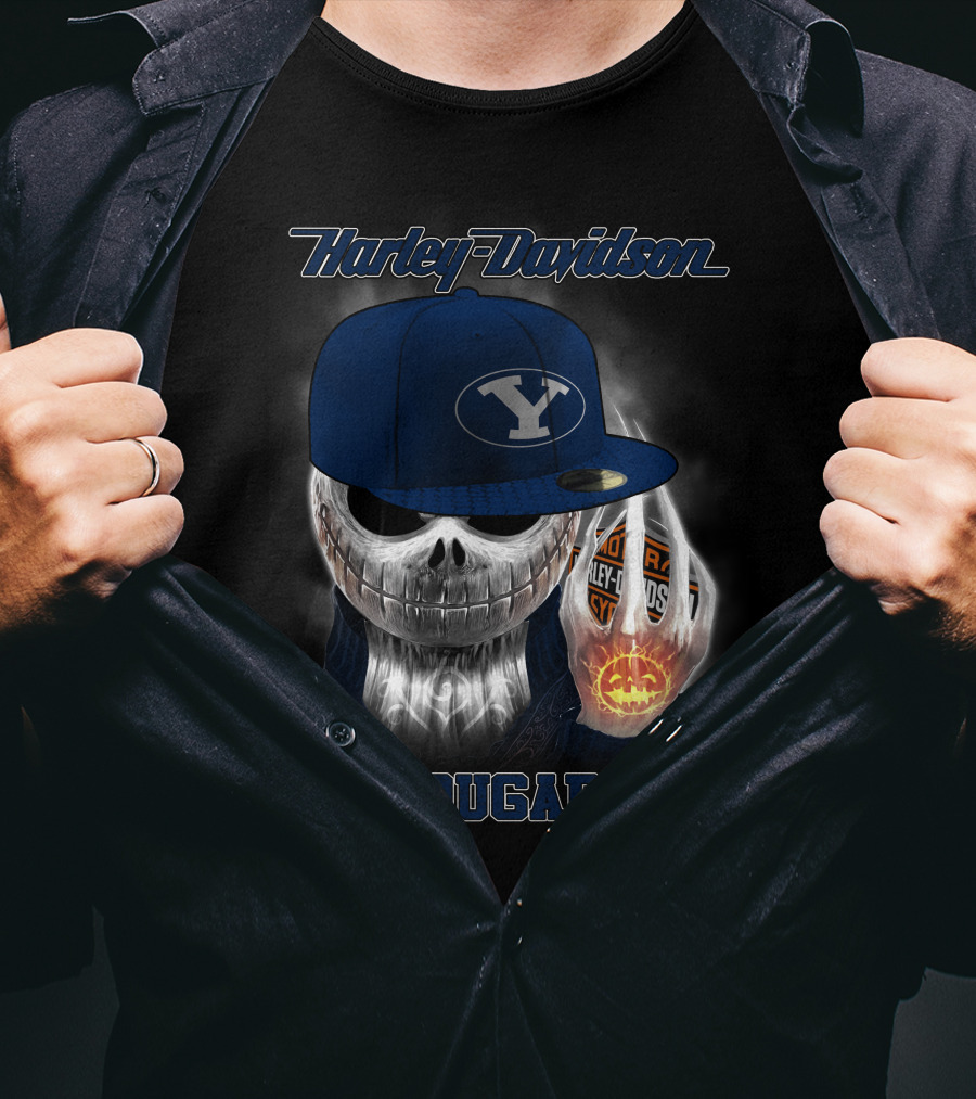 Harley Davidson Cougars Skull Wearing Byu Hat With Pumpkin And Logo Elements T-Shirt