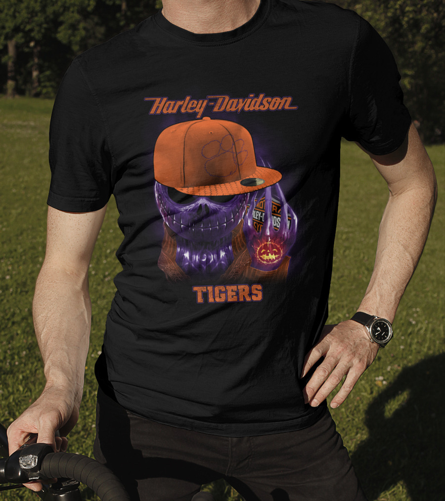 Harley Davidson Tigers Skull In Clemson Cap T-Shirt