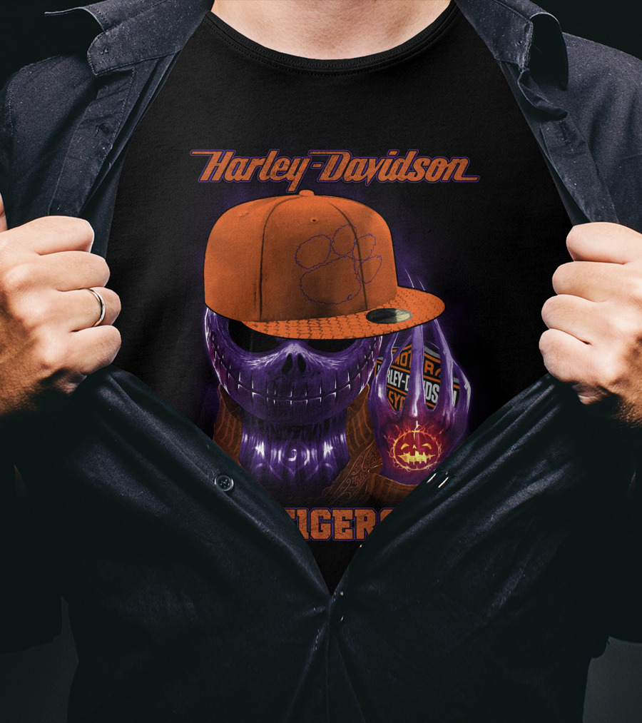 Harley Davidson Tigers Skull In Clemson Cap T-Shirt
