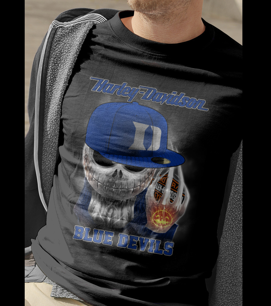 Harley Davidson Skull With Blue Devils Hat And Duke D T-Shirt