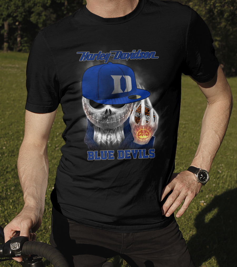 Harley Davidson Skull With Blue Devils Hat And Duke D T-Shirt