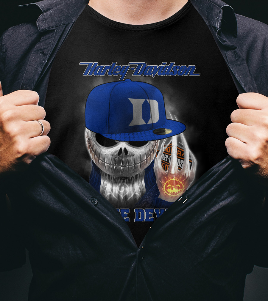 Harley Davidson Skull With Blue Devils Hat And Duke D T-Shirt