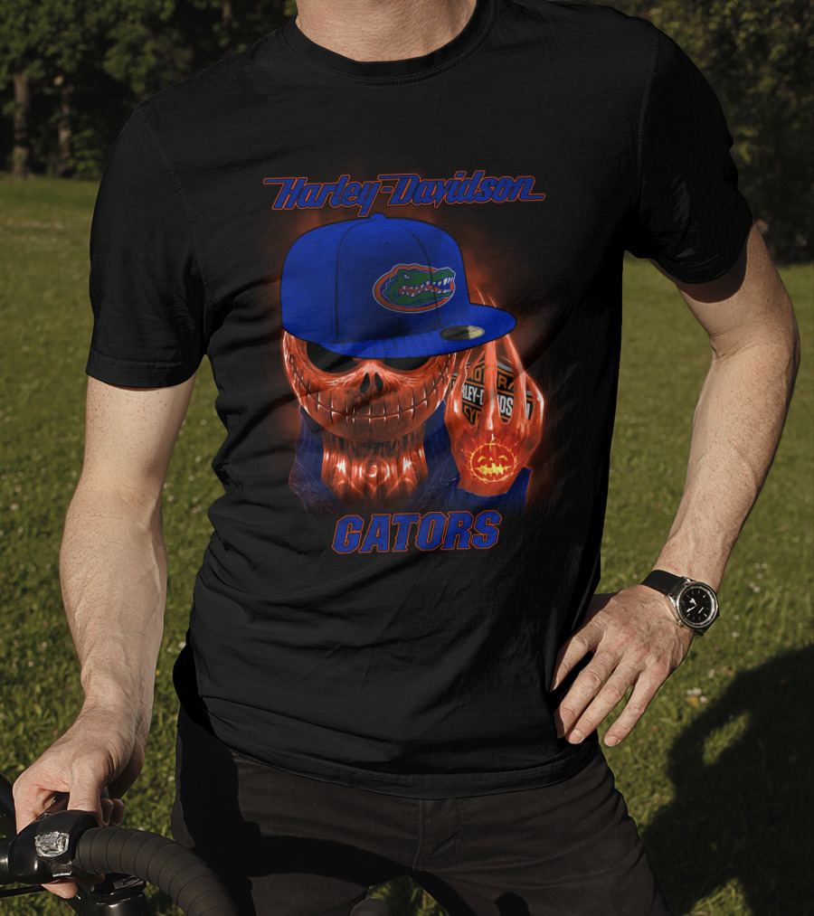 Harley Davidson Halloween Skull With Florida Gators Hat T-Shirt