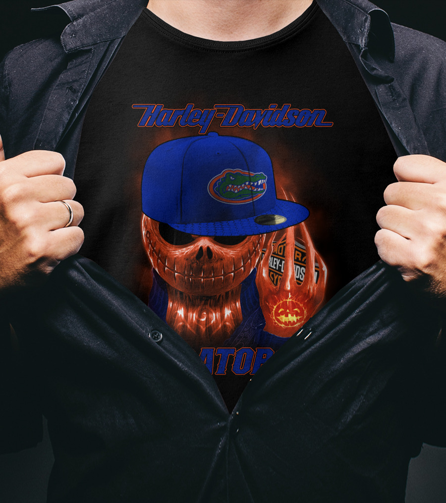 Harley Davidson Halloween Skull With Florida Gators Hat T-Shirt