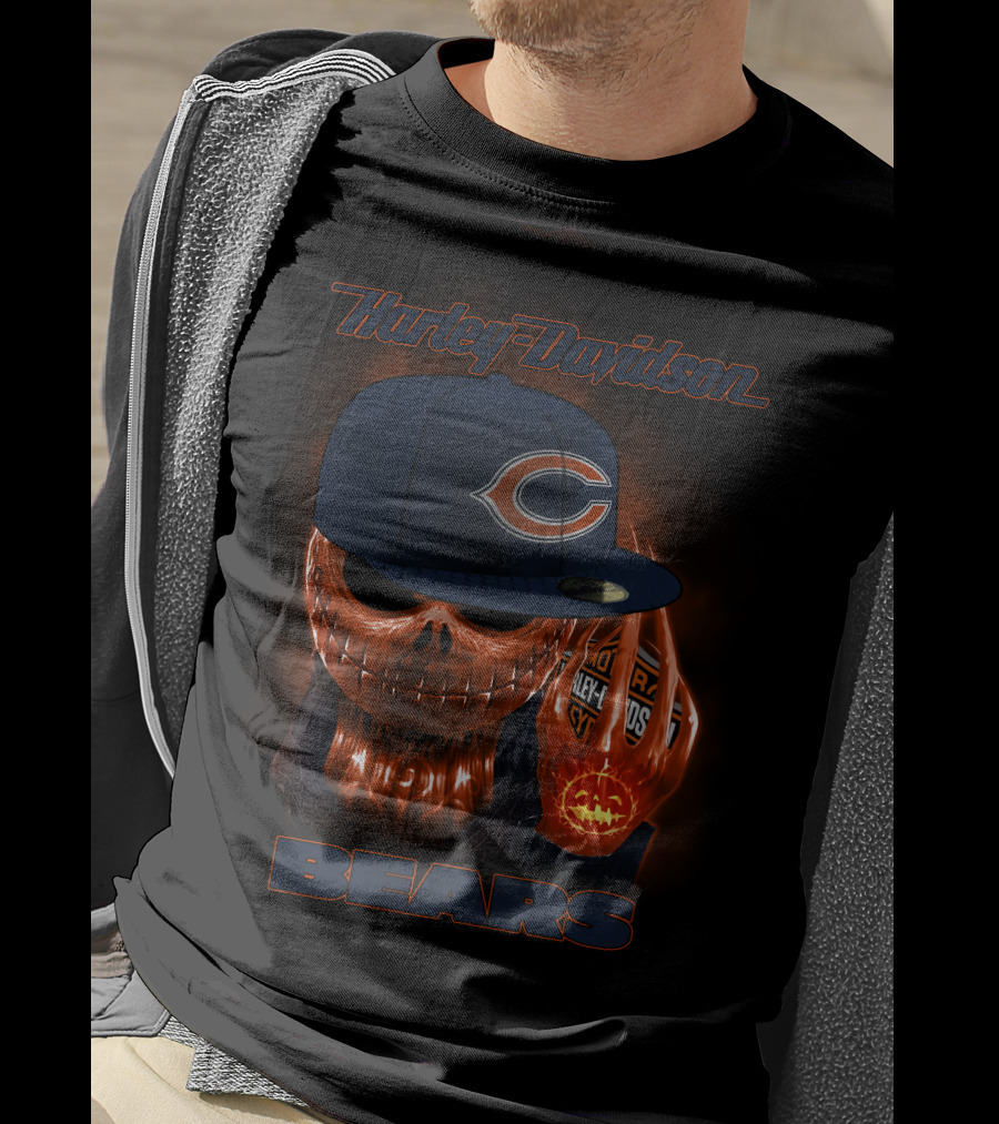Harley Davidson Chicago Bears Halloween Pumpkin Skull T-Shirt