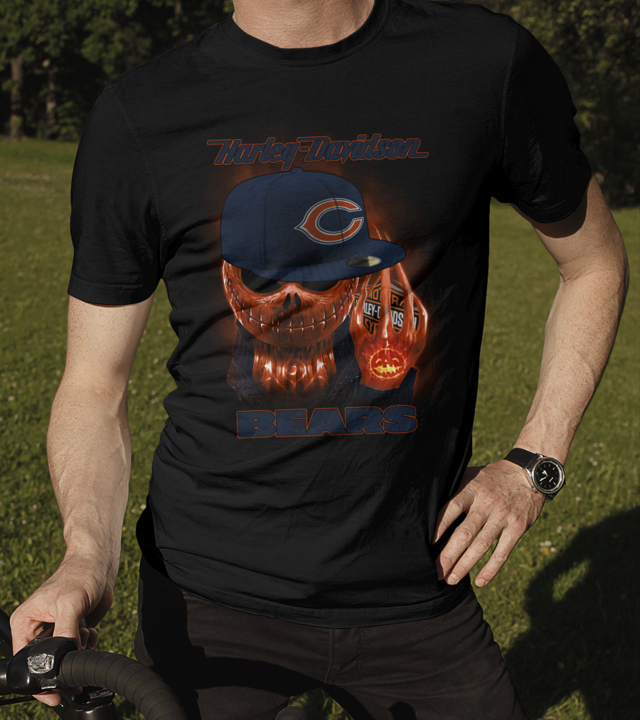 Harley Davidson Chicago Bears Halloween Pumpkin Skull T-Shirt