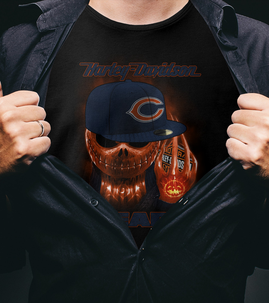 Harley Davidson Chicago Bears Halloween Pumpkin Skull T-Shirt