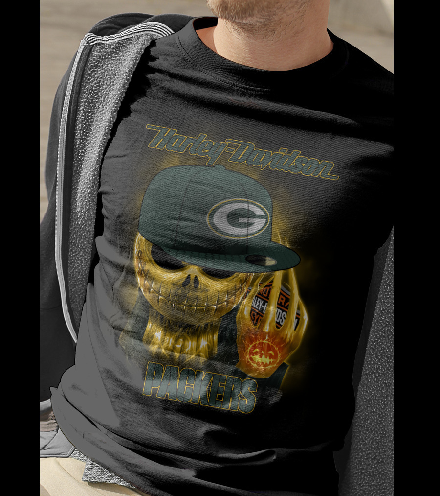 Harley Davidson Green Bay Packers Halloween Skull T-Shirt