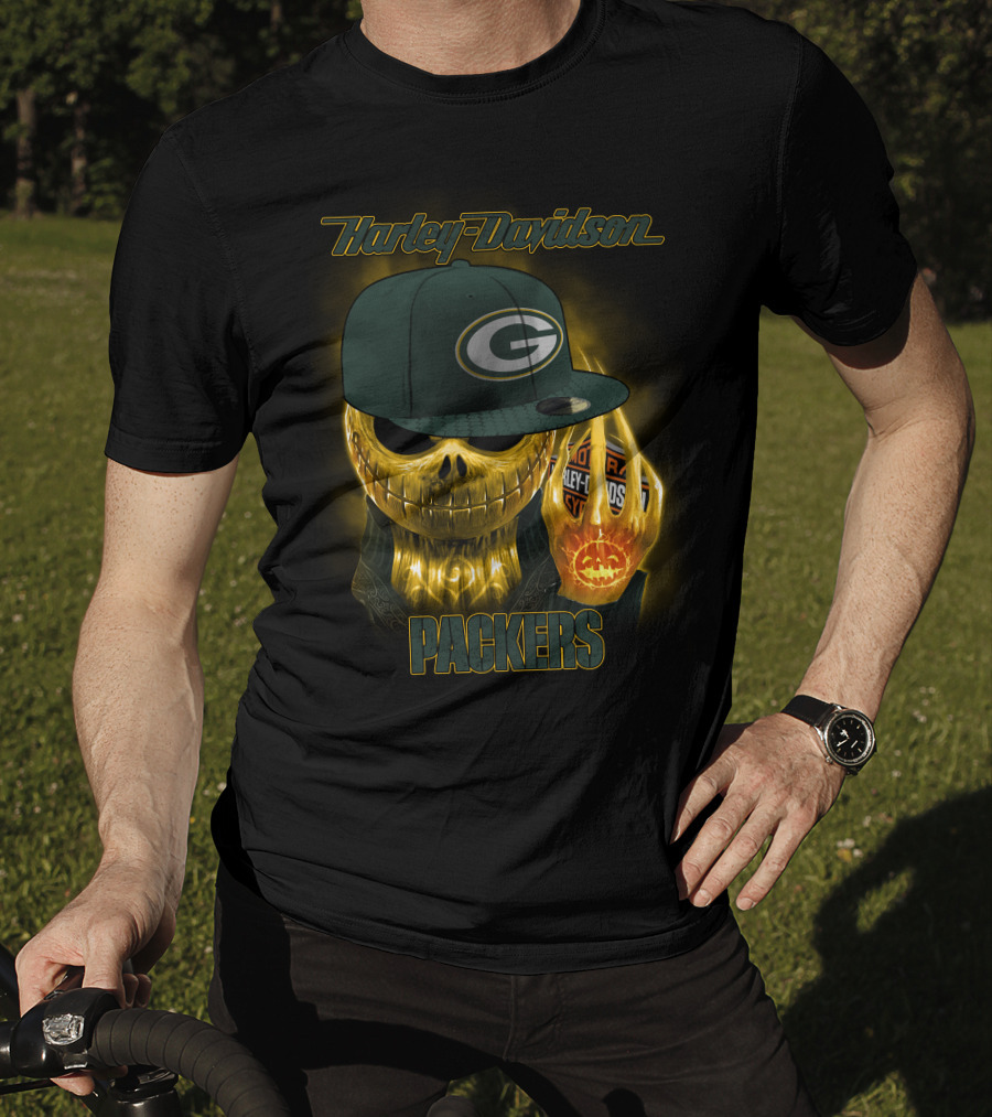 Harley Davidson Green Bay Packers Halloween Skull T-Shirt