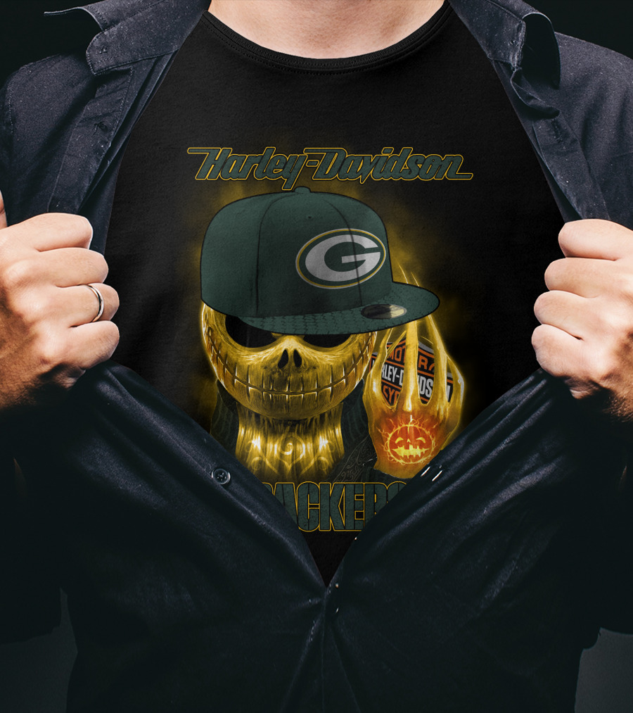Harley Davidson Green Bay Packers Halloween Skull T-Shirt