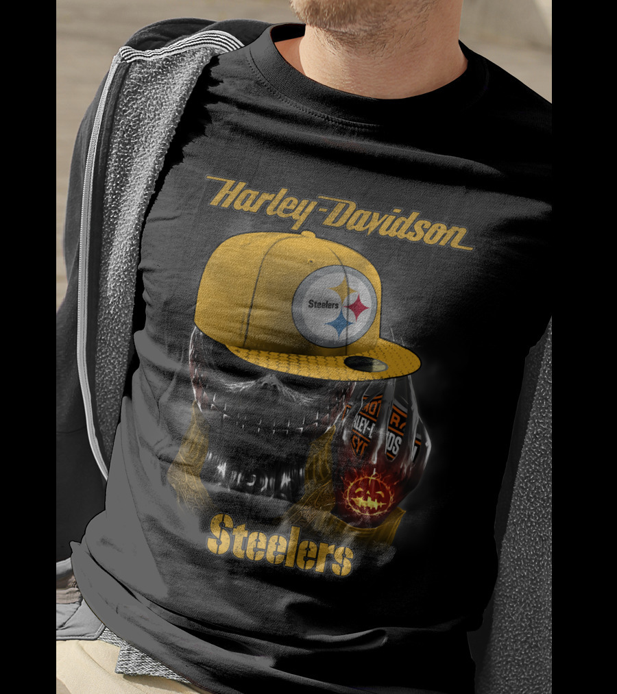 Harley Davidson Steelers Skull With Cap T-Shirt