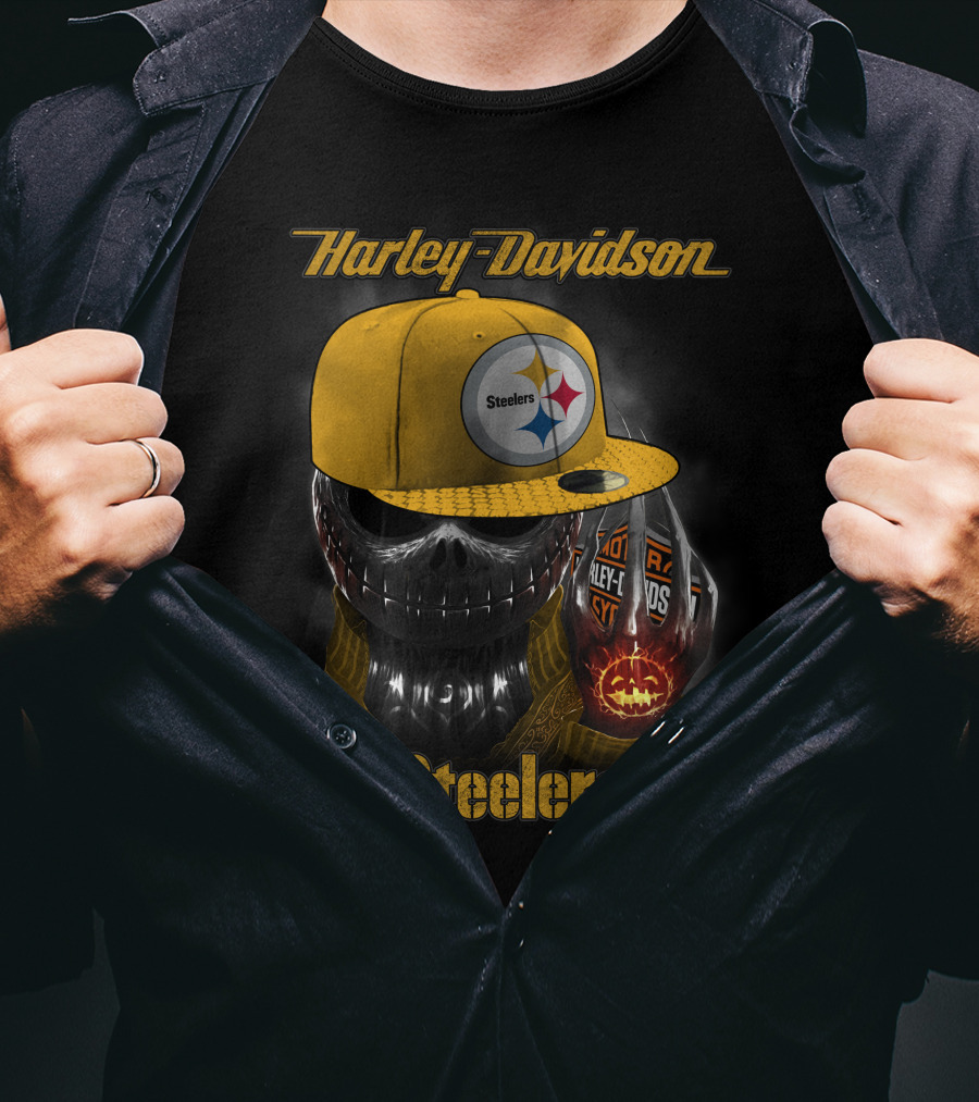 Harley Davidson Steelers Skull With Cap T-Shirt