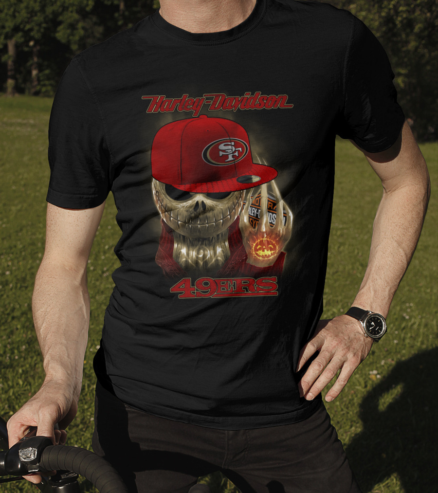 Harley Davidson Skull With San Francisco 49ers Cap T-Shirt