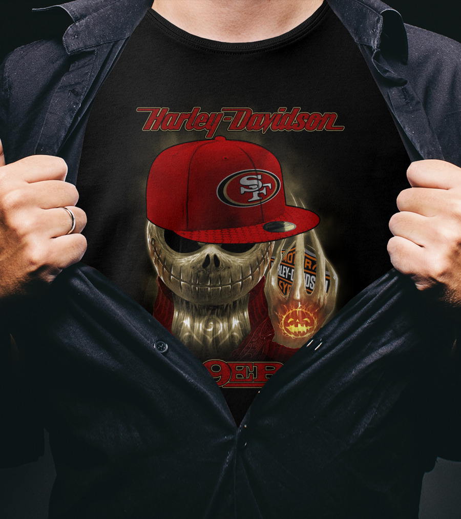 Harley Davidson Skull With San Francisco 49ers Cap T-Shirt