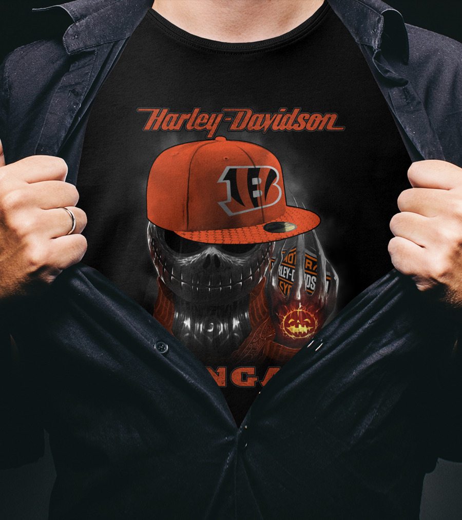 Harley Davidson Cincinnati Bengals Skull With Cap And Glove T-Shirt