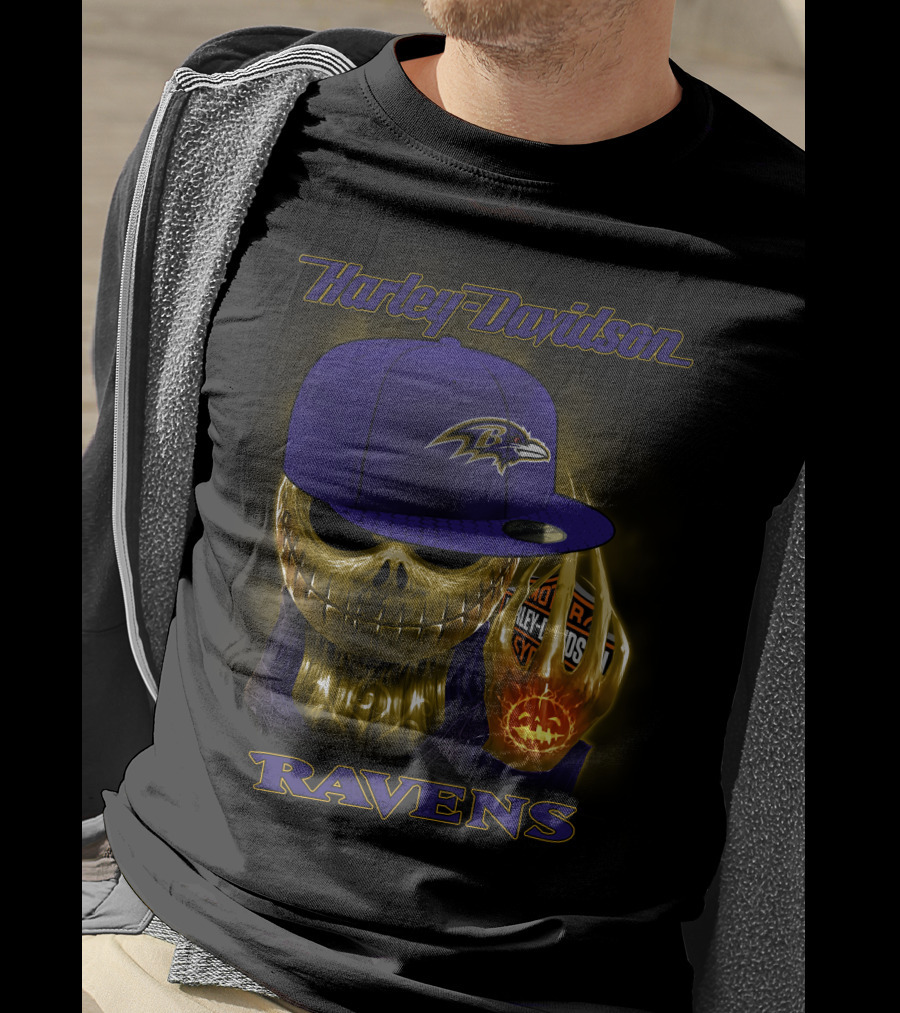 Harley Davidson Ravens Baltimore Skull With Cap T-Shirt