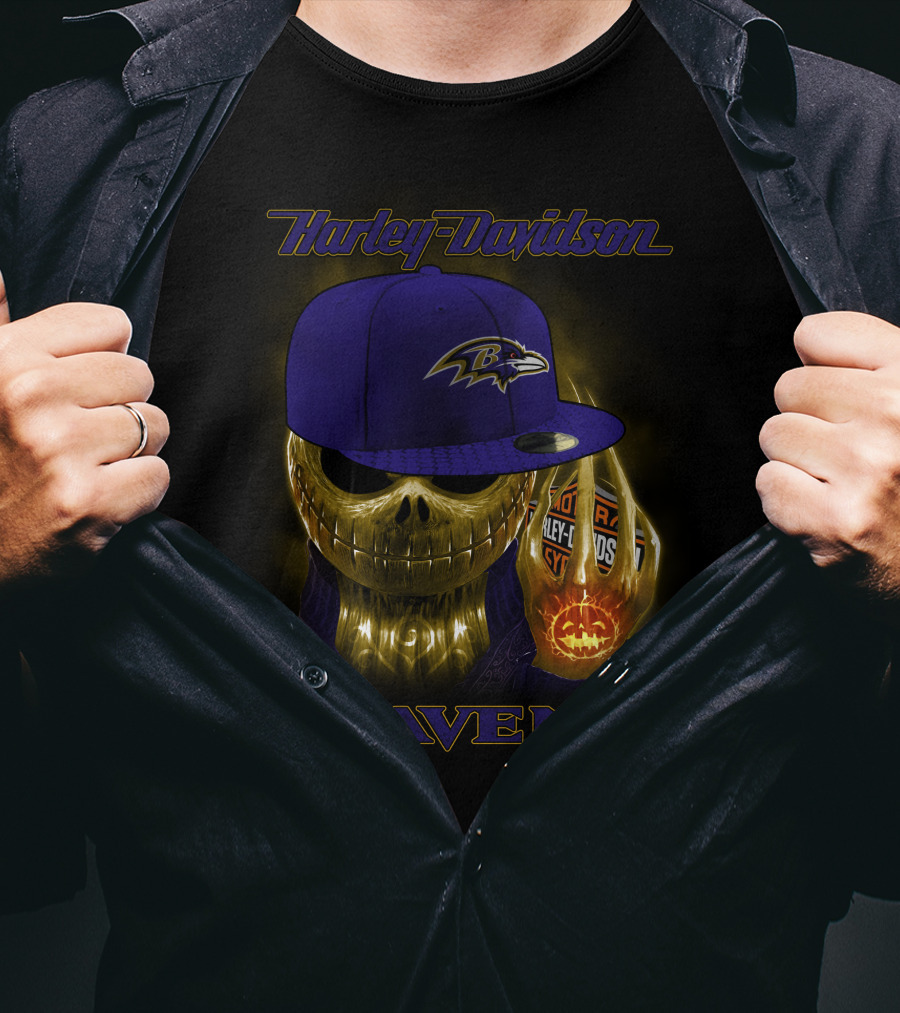 Harley Davidson Ravens Baltimore Skull With Cap T-Shirt