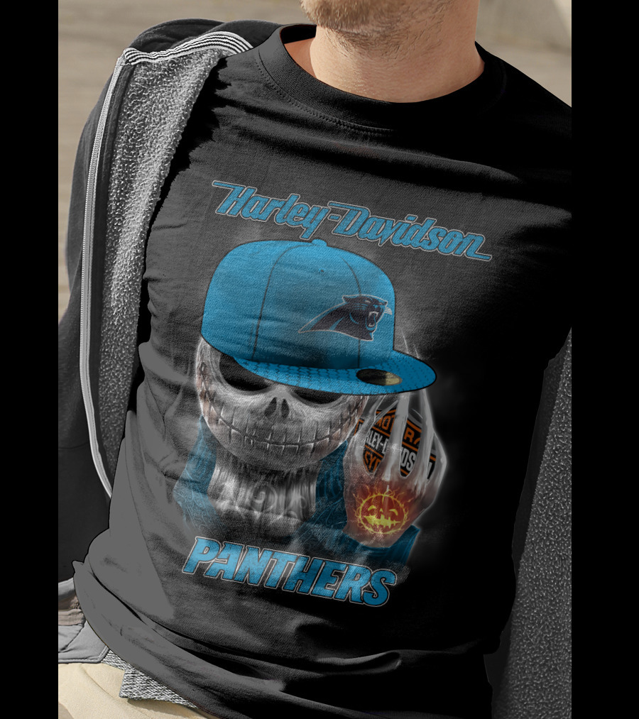 Harley Davidson Panthers Skull In Carolina Panthers Cap With Fiery Pumpkin And Harley Hand T-Shirt
