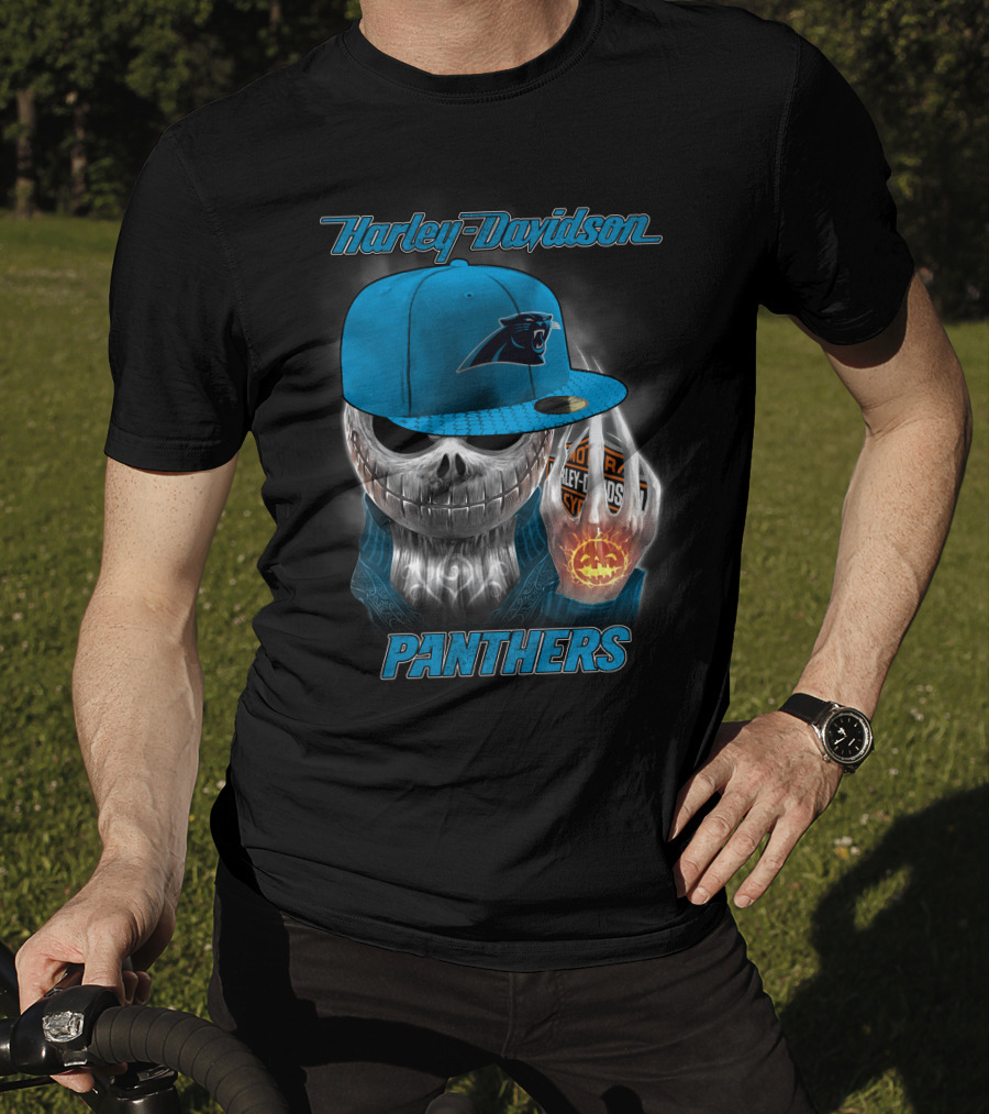 Harley Davidson Panthers Skull In Carolina Panthers Cap With Fiery Pumpkin And Harley Hand T-Shirt