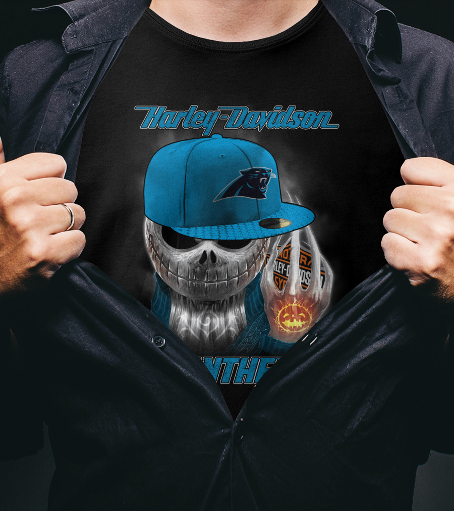 Harley Davidson Panthers Skull In Carolina Panthers Cap With Fiery Pumpkin And Harley Hand T-Shirt