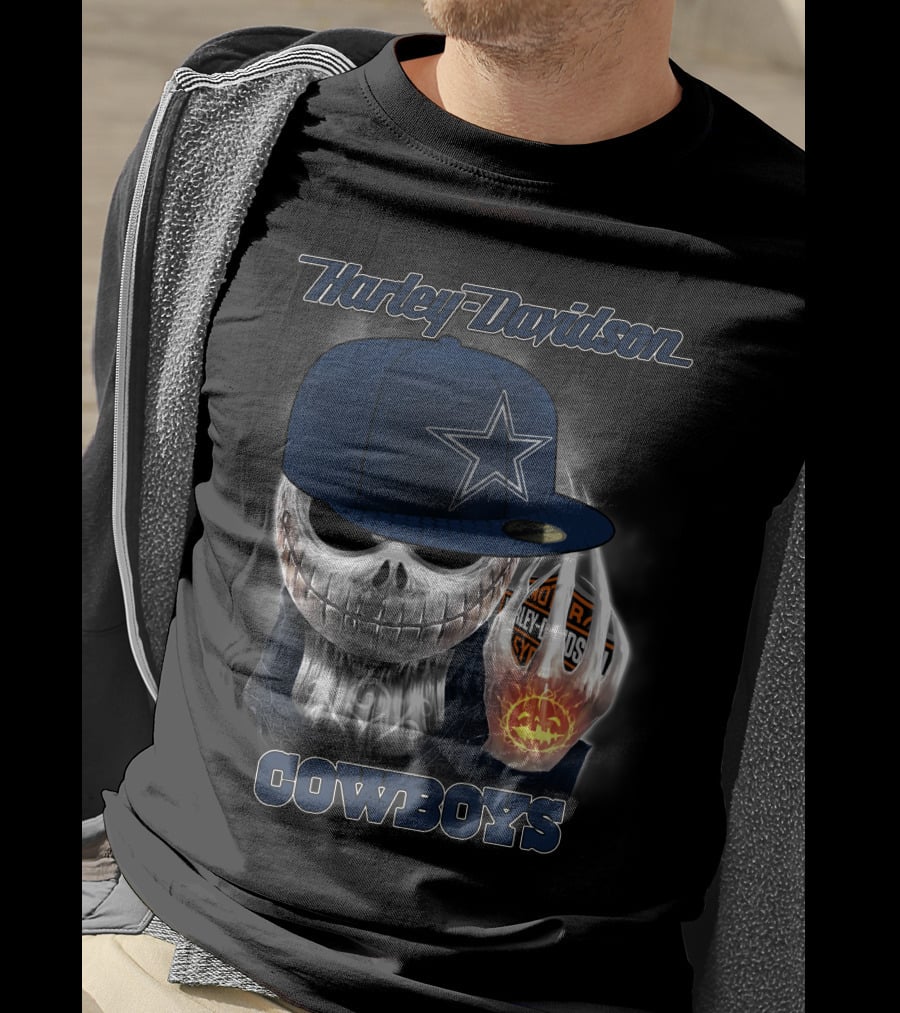Harley Davidson Cowboys Skull With Dallas Cowboys Cap T-Shirt