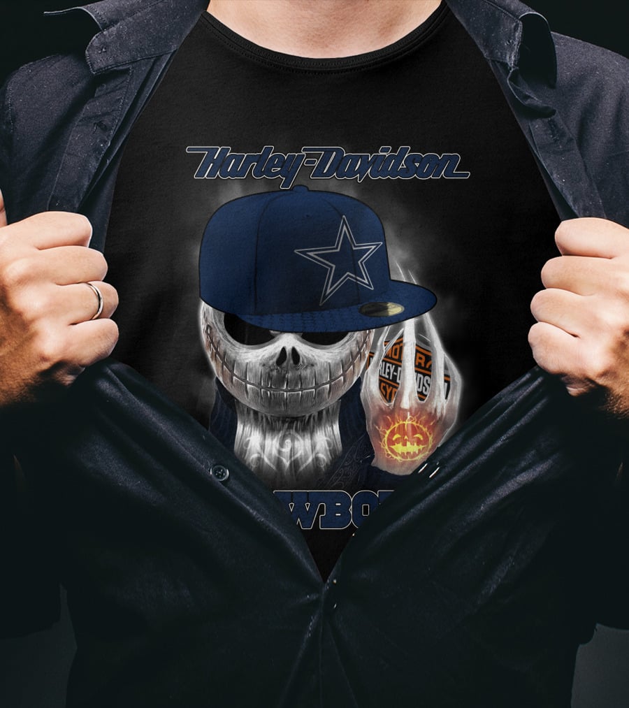 Harley Davidson Cowboys Skull With Dallas Cowboys Cap T-Shirt