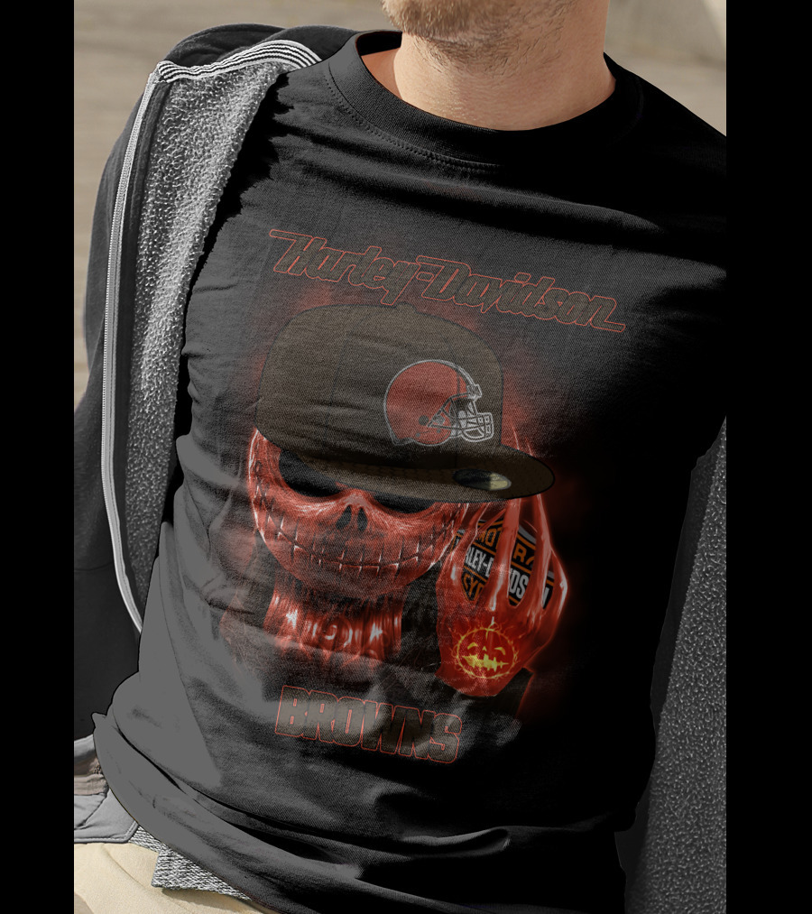 Harley Davidson Cleveland Browns Skeleton With Helmet Cap T-Shirt