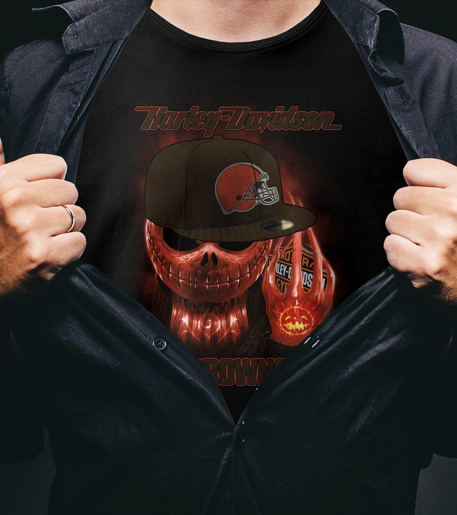Harley Davidson Cleveland Browns Skeleton With Helmet Cap T-Shirt