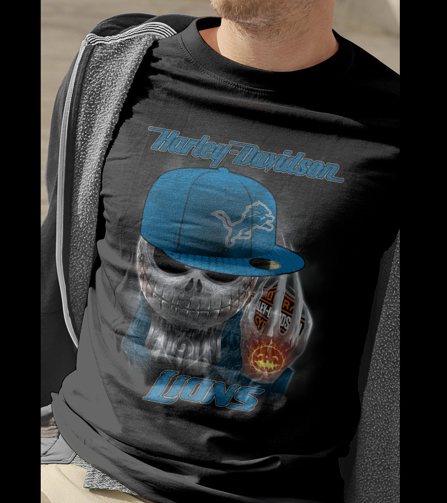 Harley Davidson Detroit Lions Skull With Cap Halloween Pumpkin T-Shirt