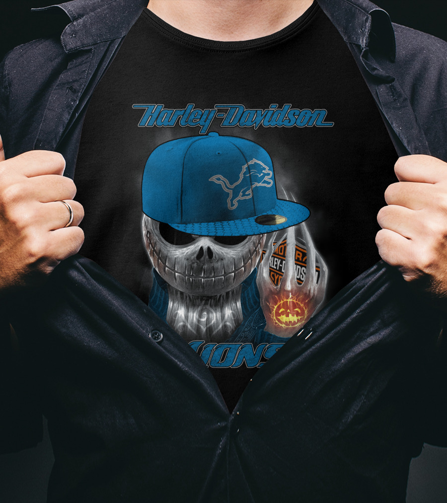 Harley Davidson Detroit Lions Skull With Cap Halloween Pumpkin T-Shirt