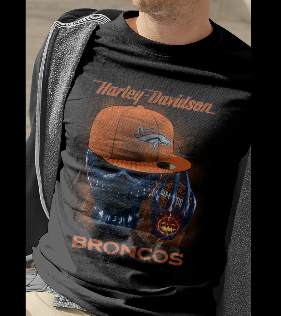 Harley Davidson Broncos Denver Broncos Skull With Hat T-Shirt