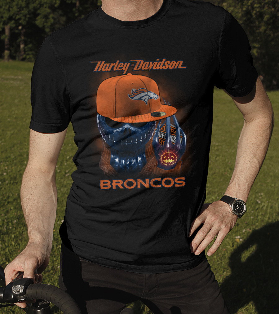 Harley Davidson Broncos Denver Broncos Skull With Hat T-Shirt