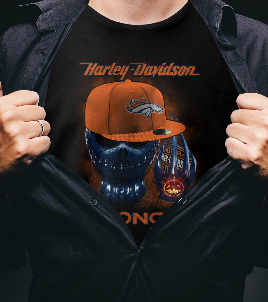 Harley Davidson Broncos Denver Broncos Skull With Hat T-Shirt